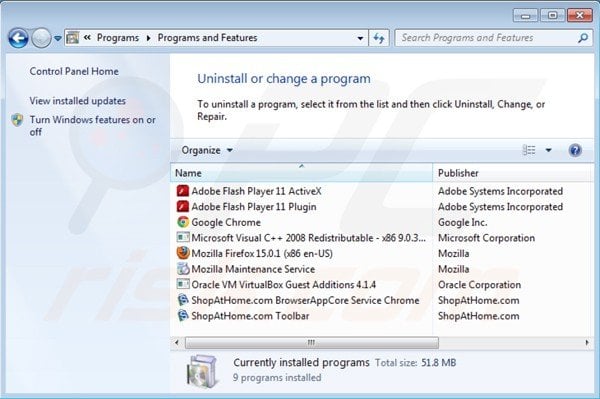 shopathome toolbar uninstall via Control Panel