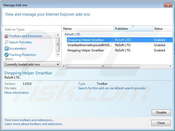 Removing shopping helper smartbar from Internet Explorer extensions