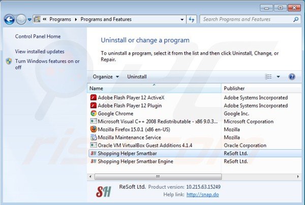 Shopping helper smartbar uninstall via Control Panel