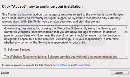 Deceptive freeware download client promoting Site Finder adware