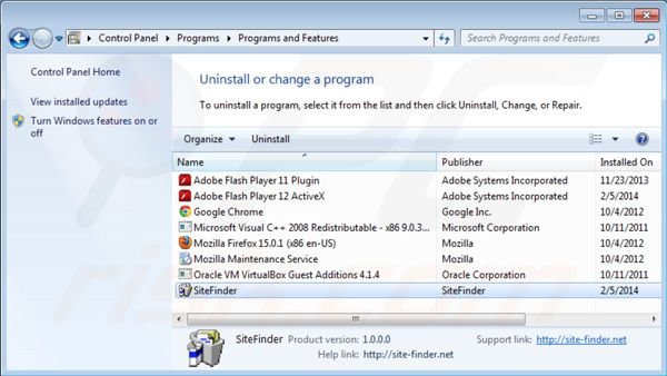 Site Finder uninstall using Control Panel