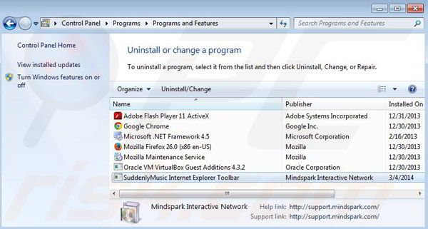 Removing SuddenlyMusic Toolbar via control panel