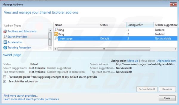 Removing sweet-page.com from Internet Explorer default search engine settings
