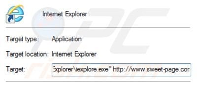 Removing sweet-page.com from Internet Explorer shortcut target step 2
