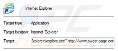 Removing sweet-page.com from Internet Explorer shortcut target step 2