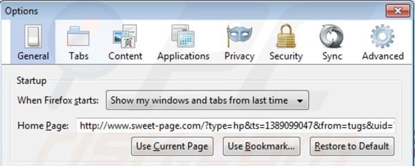 Removing sweet-page.com from Mozilla Firefox homepage