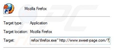 Removing sweet-page.com from Mozilla Firefox shortcut target step 2