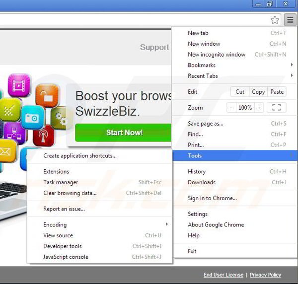 Removing SwizzleBiz from Google Chrome step 1