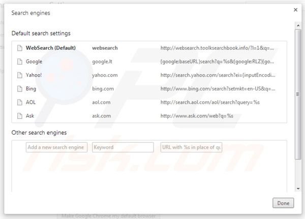 Removing websearch.toolksearchbook.info from Google Chrome default search engine settings