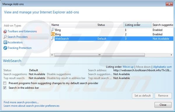 Removing websearch.toolksearchbook.info from Internet Explorer default search engine settings