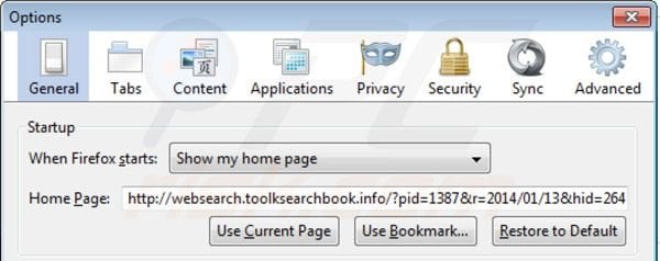 Removing websearch.toolksearchbook.info from Mozilla Firefox homepage