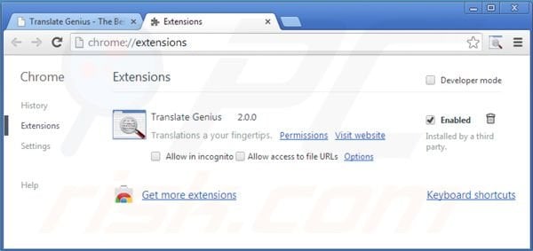 Removing Translate Genius from Google Chrome extensions step 2
