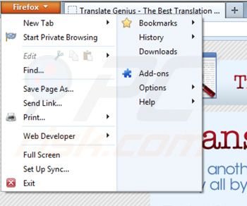 Removing Translate Genius from Mozilla Firefox extensions step 1