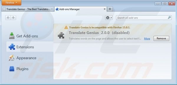 Removing Translate Genius from Mozilla Firefox extensions step 2