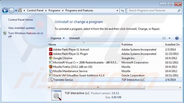 Translate Genius uninstall using Control Panel