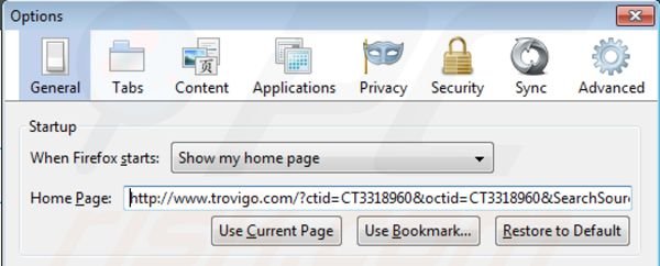 Removing trovigo.com from Mozilla Firefox homepage