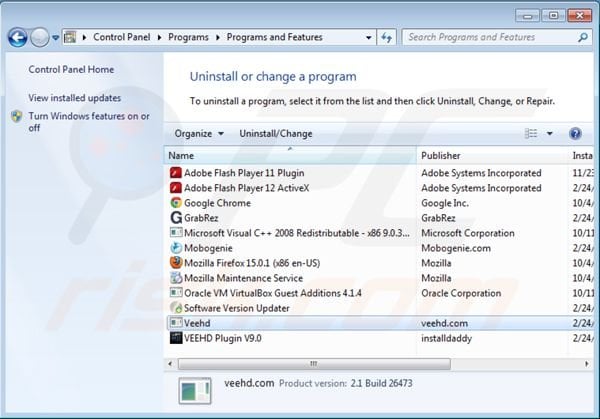veehd uninstall via Control Panel