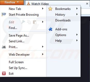 Removing vlc app virus from Mozilla Firefox extensions step 1
