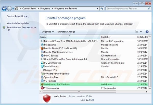 Web Protect uninstall using Control Panel