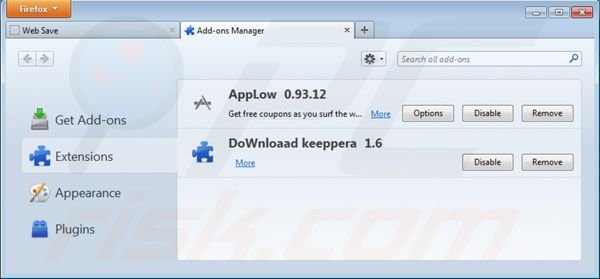 Removing Web Save from Mozilla Firefox extensions step 2