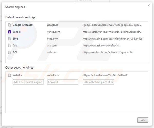 Removing webalta.ru from Google Chrome default search engine settings