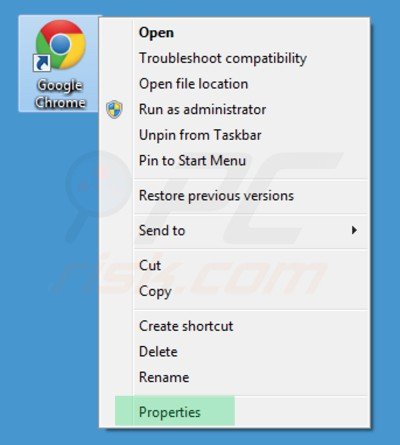 Removing webalta.ru from Google Chrome shortcut target step 1