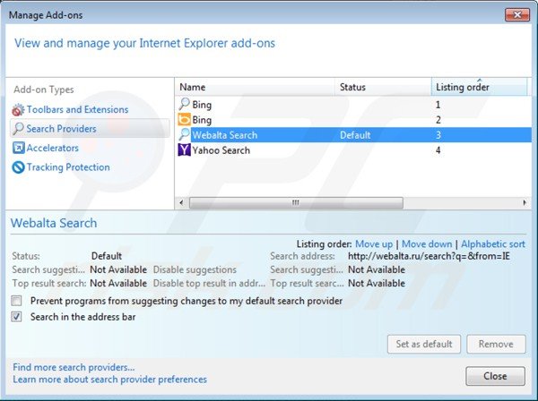 Removing webalta.ru from Internet Explorer default search engine settings