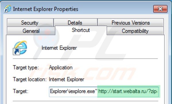 Removing webalta.ru from Internet Explorer shortcut target step 2
