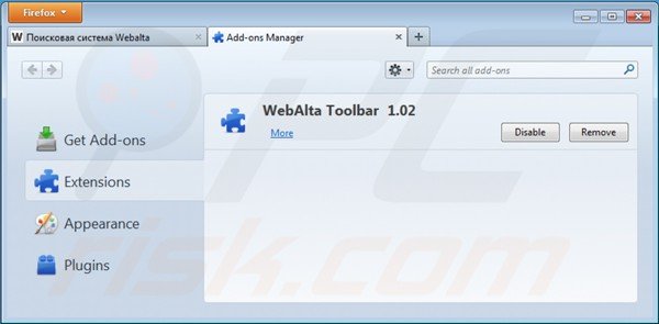 Removing webalta toolbar from Mozilla Firefox extensions