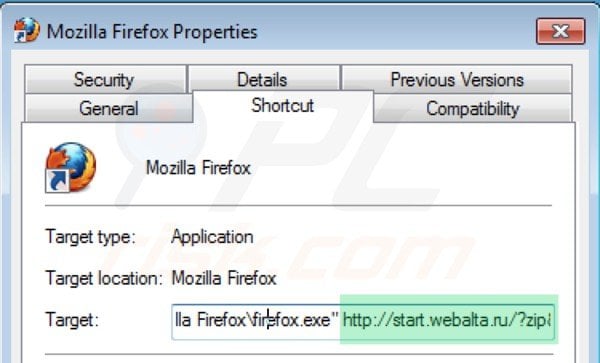 Removing webalta.ru from Mozilla Firefox shortcut target step 2