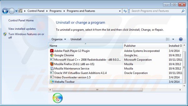 Webalta toolbar uninstall via Control Panel