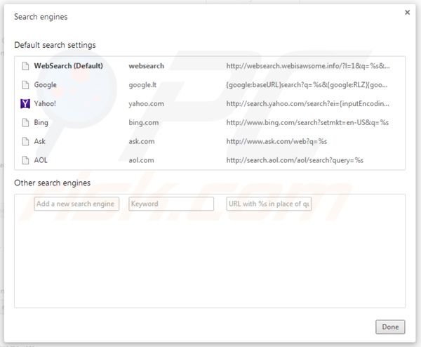 Removing websearch.webisawsome.info from Google Chrome default search engine settings