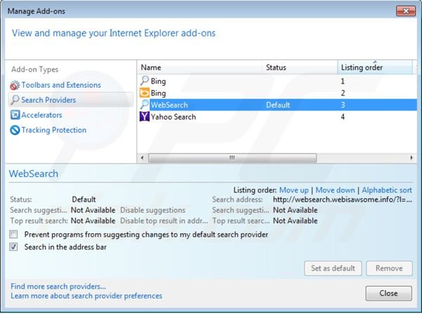 Removing websearch.webisawsome.info from Internet Explorer default search engine