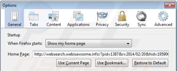 Removing websearch.webisawsome.info from Mozilla Firefox homepage