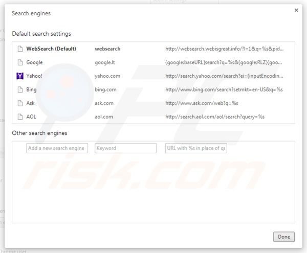 Removing websearch.webisgreat.info from Google Chrome default search engine settings