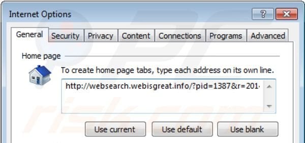 Removing websearch.webisgreat.info from Internet Explorer homepage