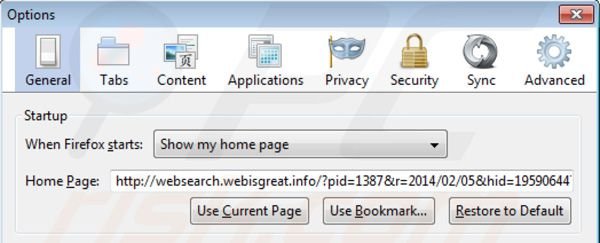Removing websearch.webisgreat.info from Mozilla Firefox homepage