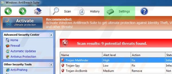 Windows Antibreach Suite settings