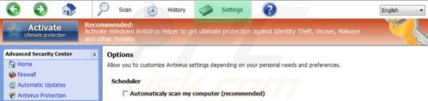 Windows Antivirus Booster settings