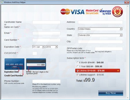 Windows Antivirus Helper scam payment page