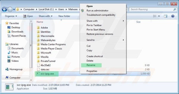 Removing Windows Antivirus Helper using executable file rename step 2
