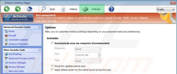 Windows Antivirus Helper settings tab