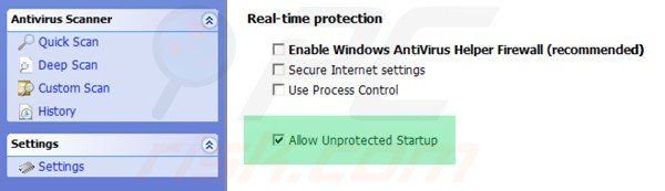 Windows Antivirus Helper enabling unprotected startup