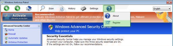 Removing Windows Antivirus Patrol using registration key step 1
