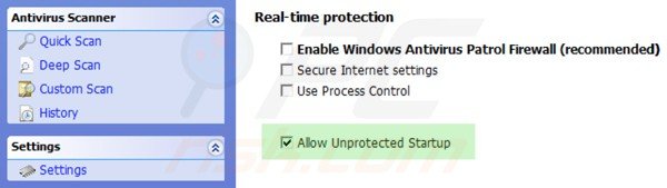 Windows Antivirus Patrol enabling unprotected startup