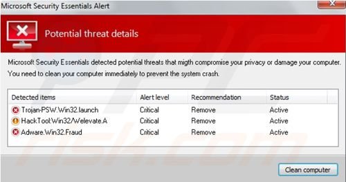 Fake Microsoft Security Essentials alert pop-up distributing Windows Antivirus Suite