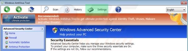 Windows Antivirus Tool settings tab