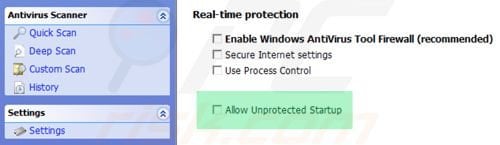 Windows Antivirus Tool enabling unprotected startup