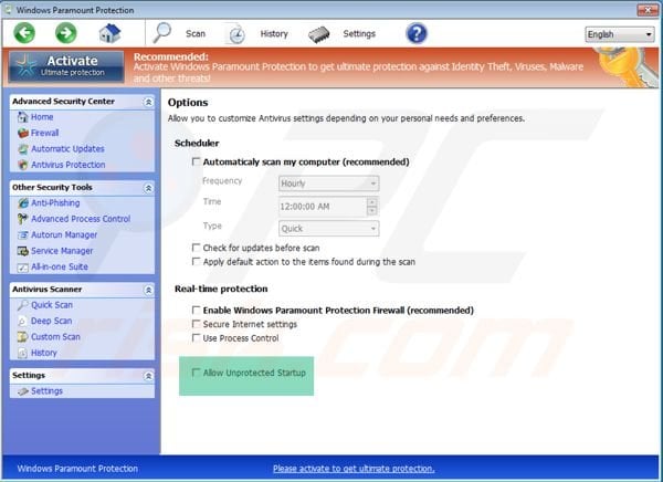 Windows Paramount Protection unprotected startup