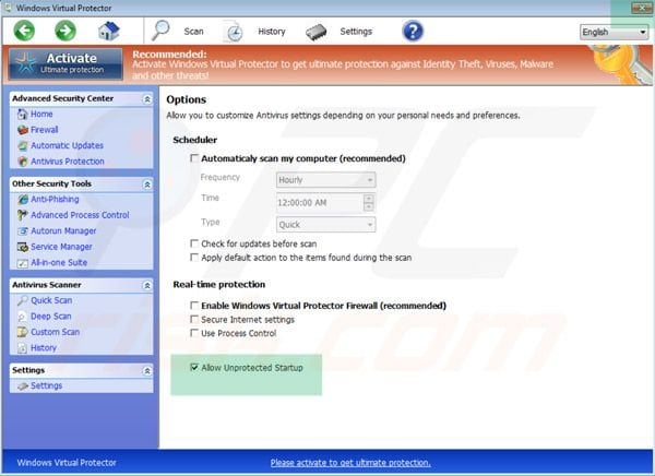 Selecting Windows Virtual Protector unprotected startup